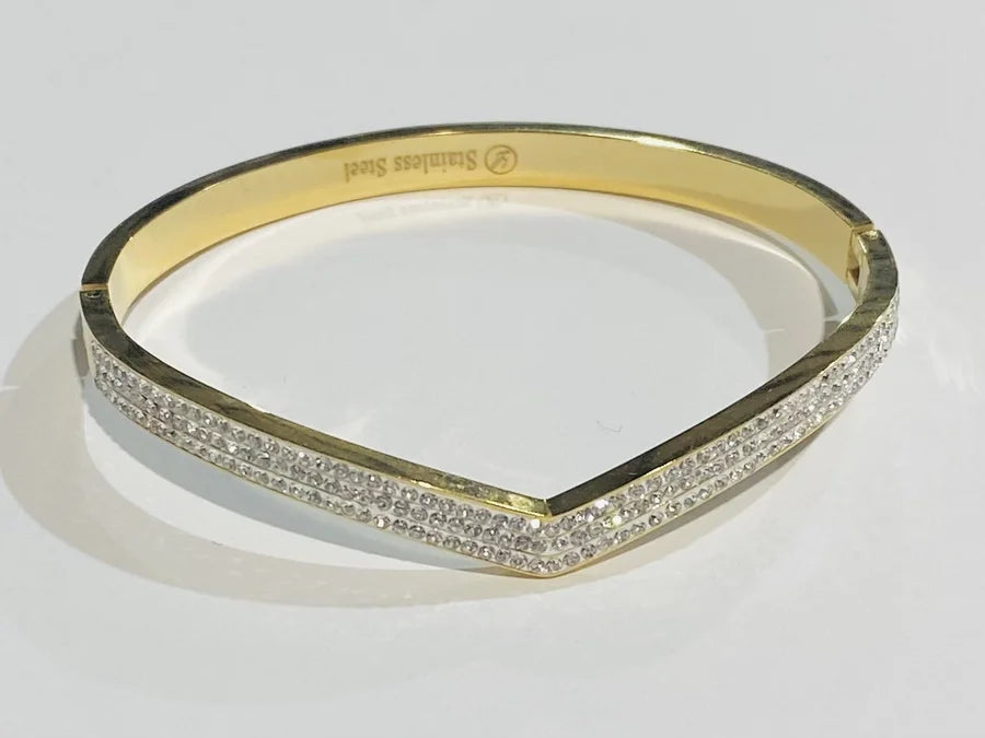 Gold Stainless Steel V-Shaped Crystal Bracelet