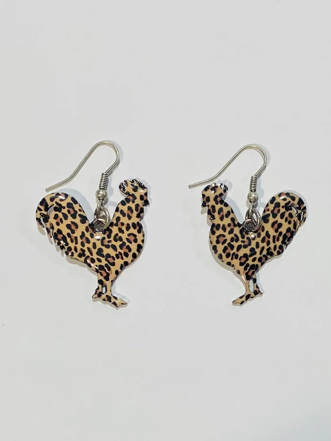 Rooster Dangle Earrings w/ Cheetah Contrast