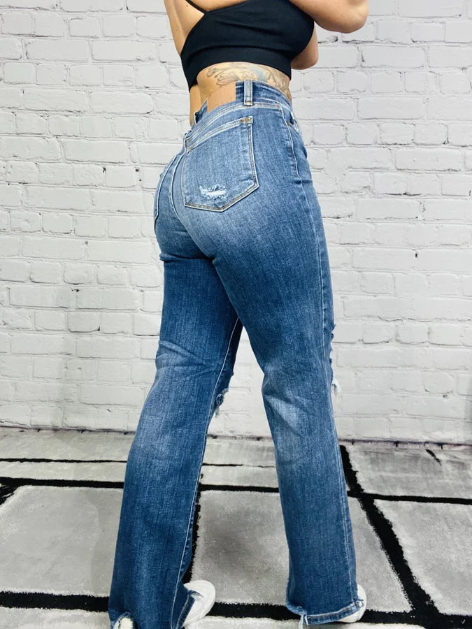 Judy Blue - "Megan" Dark Blue High-Waisted Destroyed 90s Straight Leg Jeans