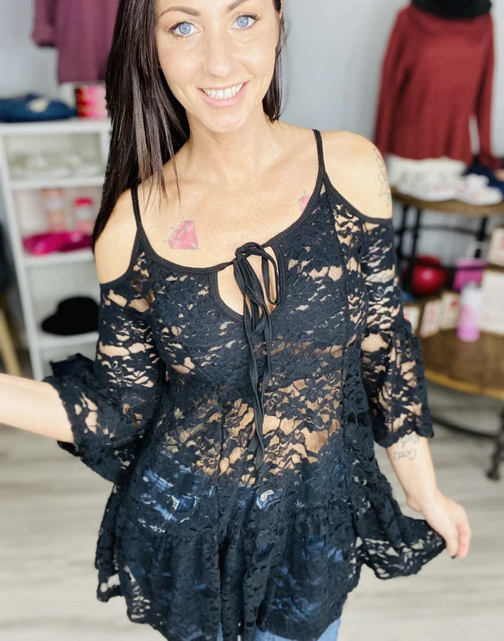 Black Floral Lace 3/4 Sleeve Cold Shoulder Top w/ Tie Detail