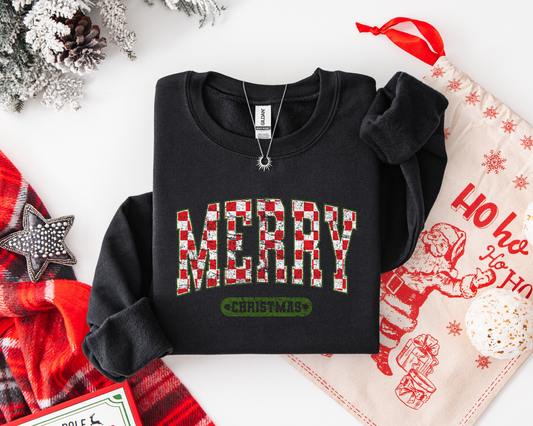 "Checkered Merry Christmas" Front Print Inside Out Graphic Crewneck Sweatshirt
