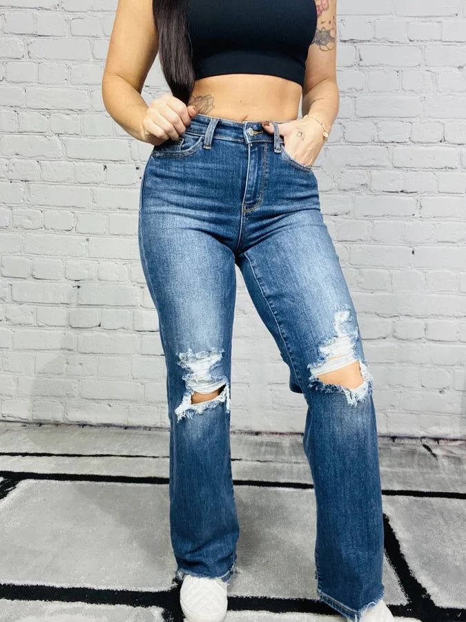 Judy Blue - "Megan" Dark Blue High-Waisted Destroyed 90s Straight Leg Jeans