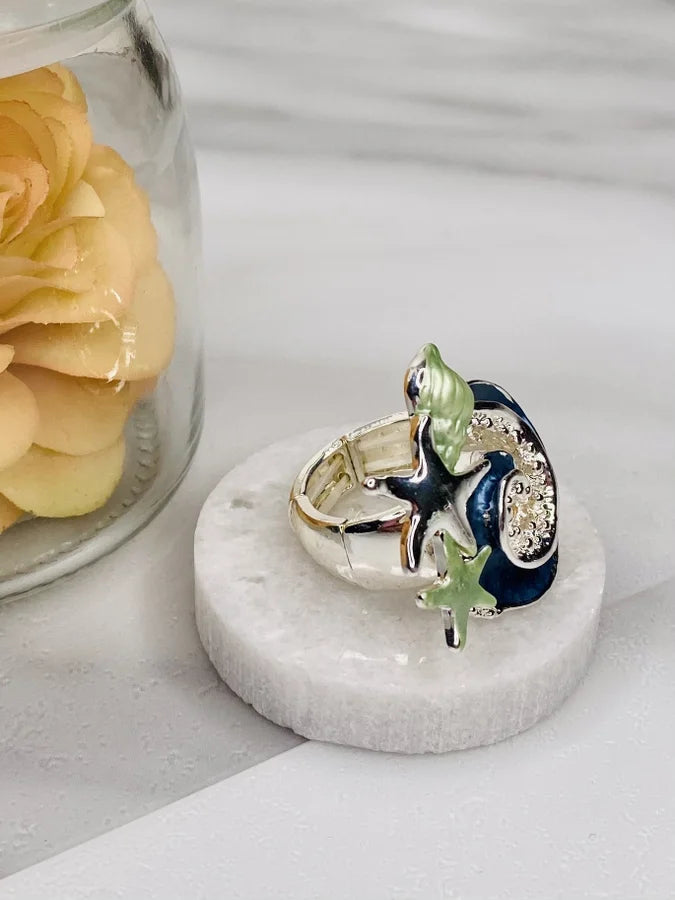 Blue Wave & Sea Shell/Sea Star Elastic Ring by Periwinkle