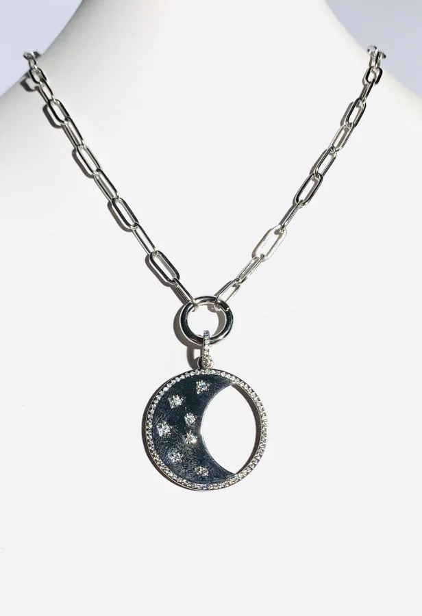 Rhodium Plated Link Chain w/ Cubic Zirconia Moon Pendant - 17" +2