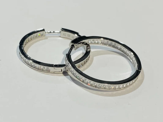 Sterling Silver In & Out Cubic Zirconia Hoop Earrings - 30MM