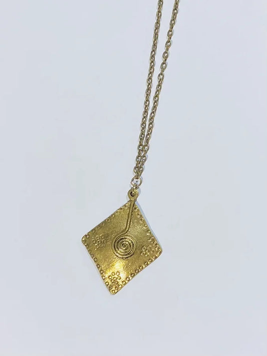 Gold Long Necklace w/ Diamond-Shaped Pendant