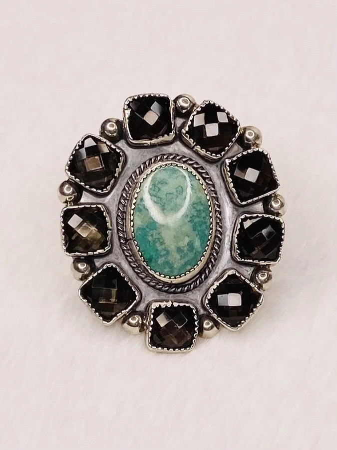 Natural Amazonite & Faceted Black Onyx Sterling Silver Ring - Size 8