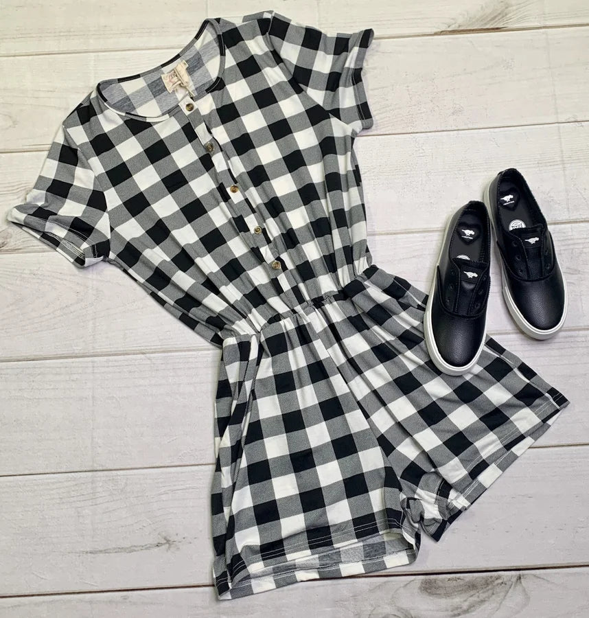 Mommy & Me White Plaid Button Down Romper w/ Pockets