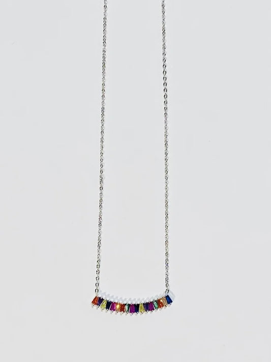 Sterling Silver Multicolor Cubic Zirconia Princess Cut Bar Necklace - 16" +2