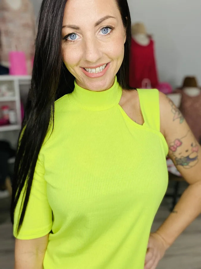 Neon Yellow Ribbed 3/4 Sleeve/Cold Shoulder Top w/ Ringer High Neck Detail