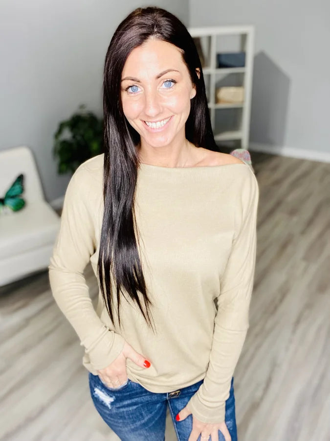 Reg. Tan Off-the-Shoulder Long Sleeve Top