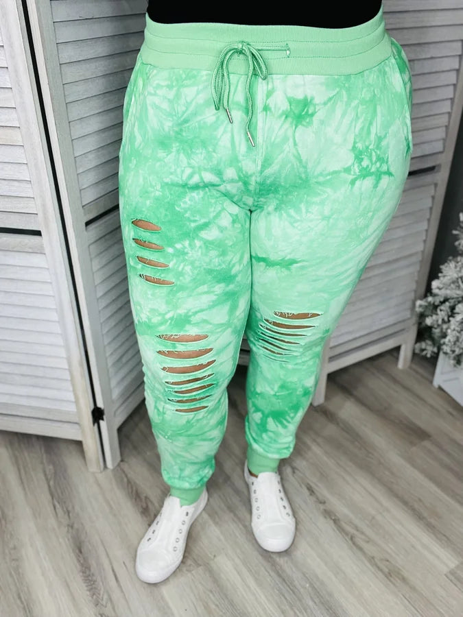 Reg/Plus Shamrock Green Tie Dye Distressed Joggers w/ Drawstring & Pockets