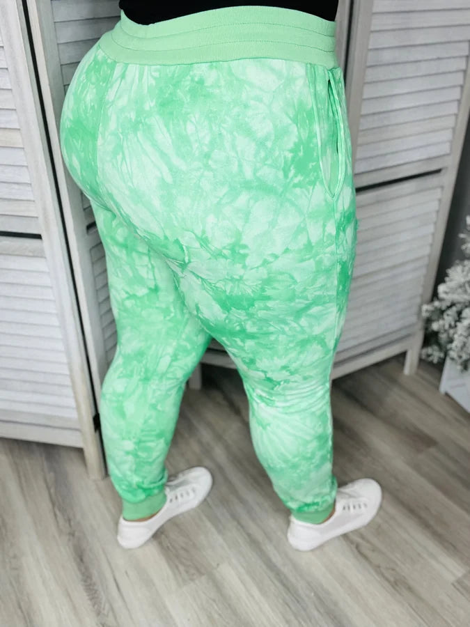 Reg/Plus Shamrock Green Tie Dye Distressed Joggers w/ Drawstring & Pockets