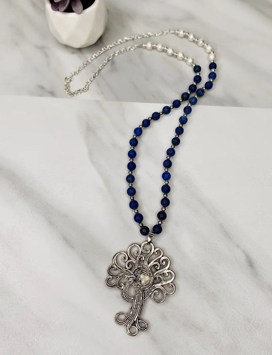 Frosted Blue & Silver Beaded Necklace w/ Tree of Life Snap Pendant