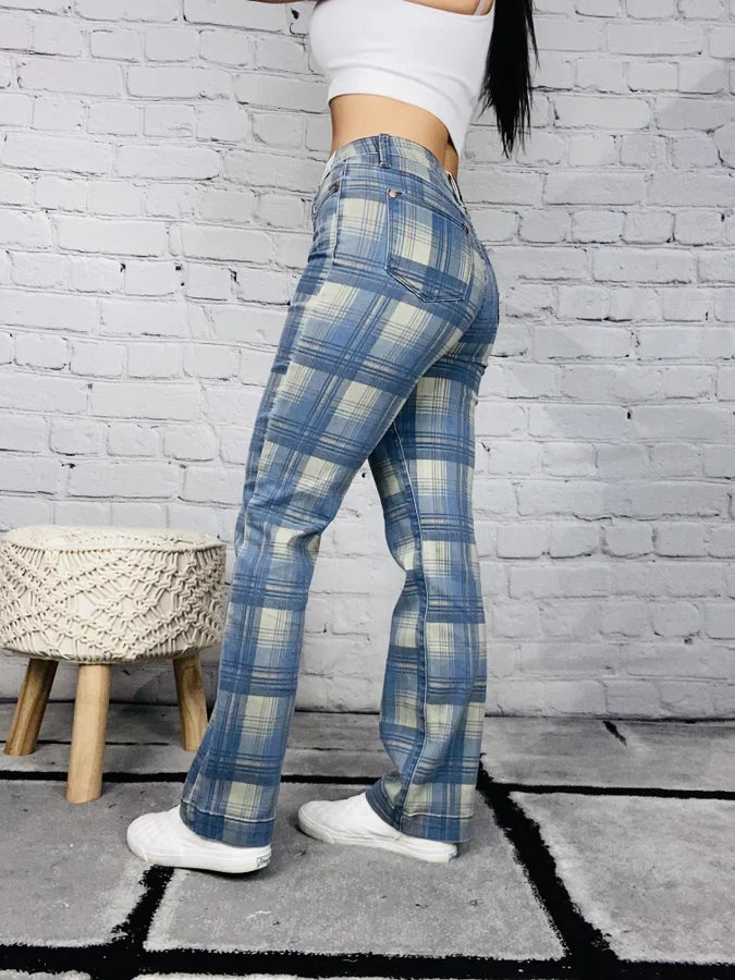 Judy Blue - "Abigail" Blue Plaid High-Waisted Straight Leg Jeans - Reg/Plus