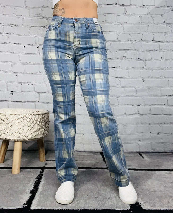 Judy Blue - "Abigail" Blue Plaid High-Waisted Straight Leg Jeans - Reg/Plus