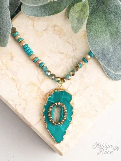 Just My Style Beaded Necklace w/ Turquoise Stone & Bead Pendant