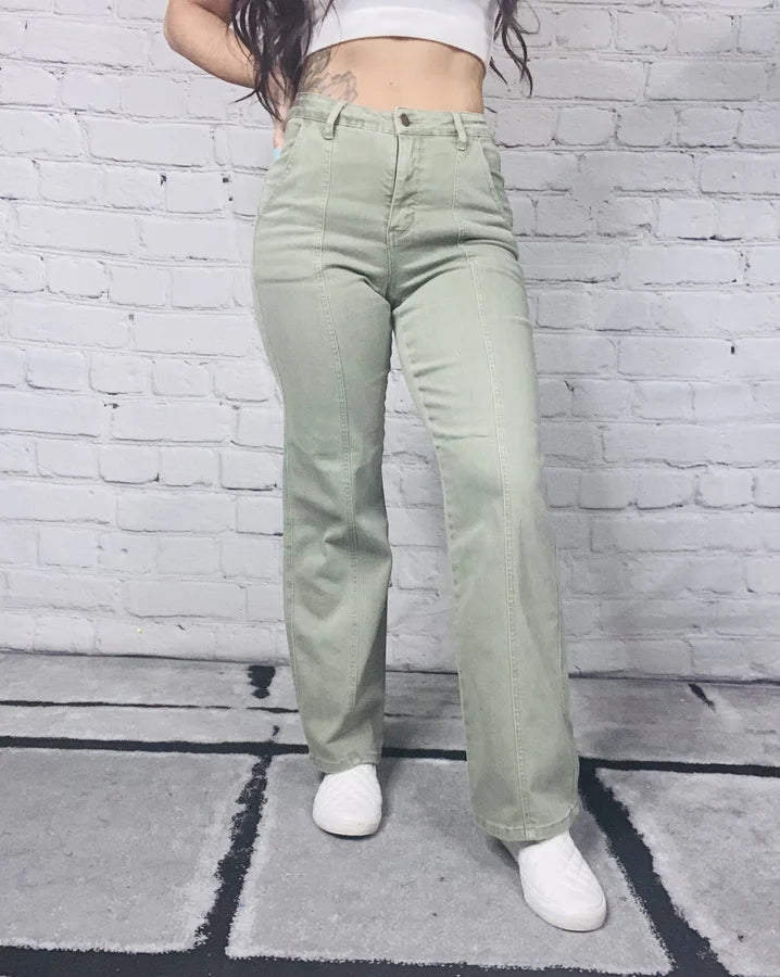 Judy Blue - "Rosemary" Sage High-Waisted Front Seam Straight Leg Jeans