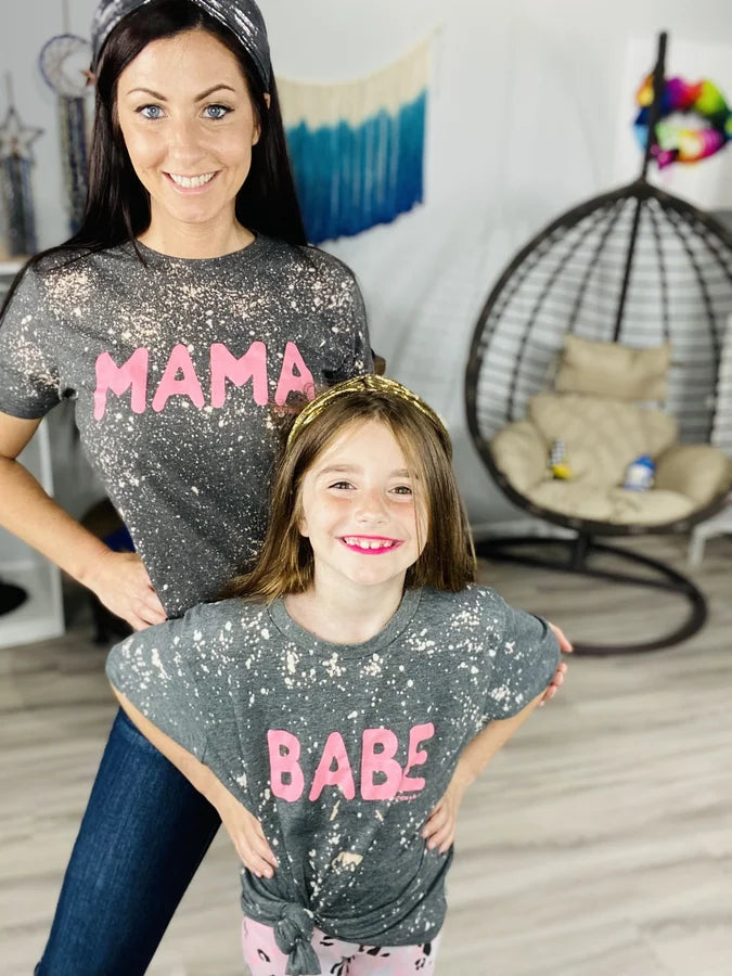 Grey Bleached "Mama" & "Babe" Adult/Youth Graphic Tee - Reg/Plus