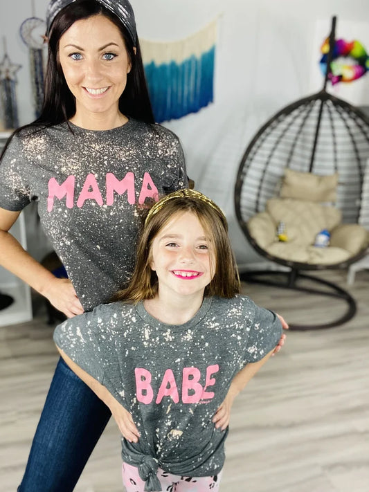 Grey Bleached "Mama" & "Babe" Adult/Youth Graphic Tee - Reg/Plus