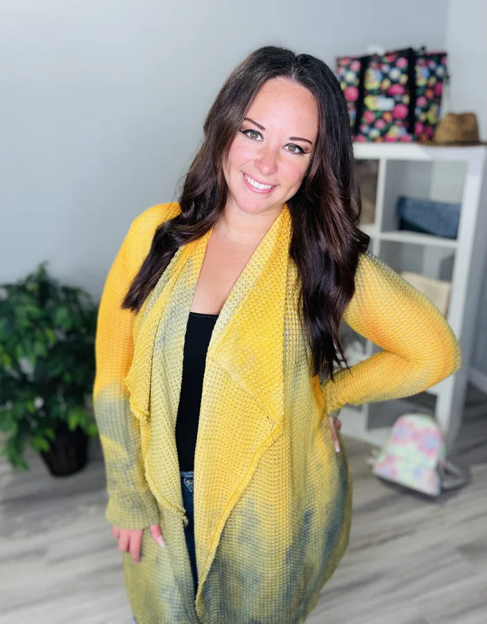 Reg. Golden Yellow/Olive Tie Dye Crochet Knit Cardigan