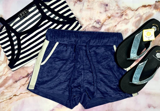 Blueberry French Terry Shorts w/ Ivory Suede Side Stripe Detail