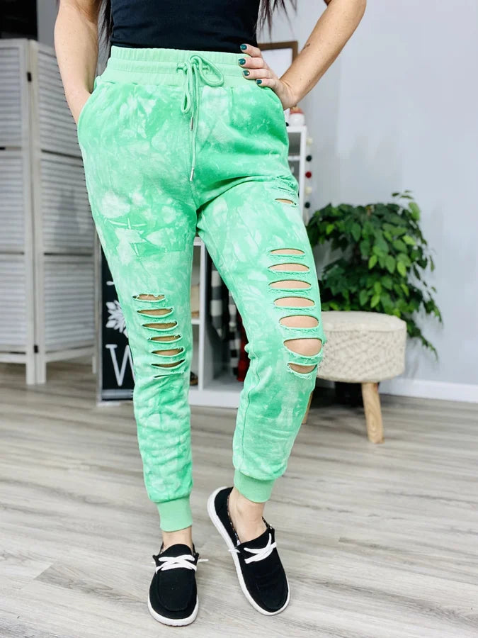 Reg/Plus Shamrock Green Tie Dye Distressed Joggers w/ Drawstring & Pockets