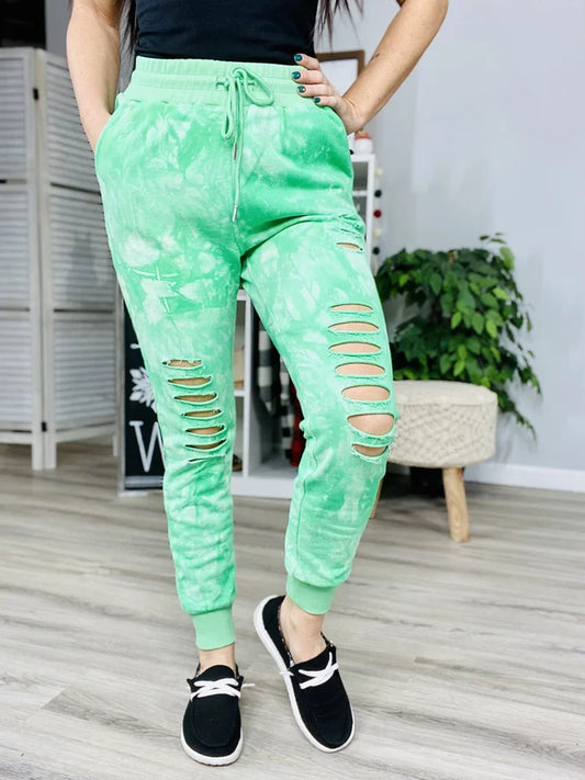 Reg/Plus Shamrock Green Tie Dye Distressed Joggers w/ Drawstring & Pockets