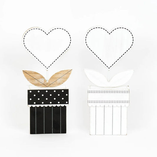 Black/White Heart on Wooden Cutout Stand - Reversible