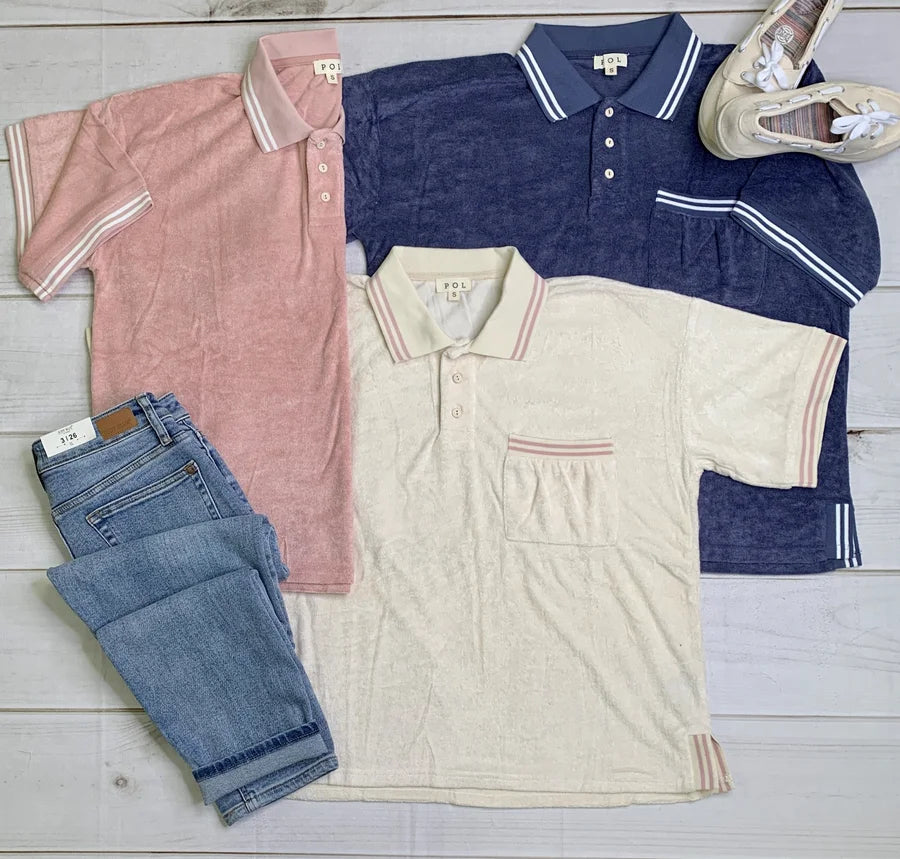 Terry Cloth Short Sleeve Top w/ Striped Collar & Front Chest Pocket