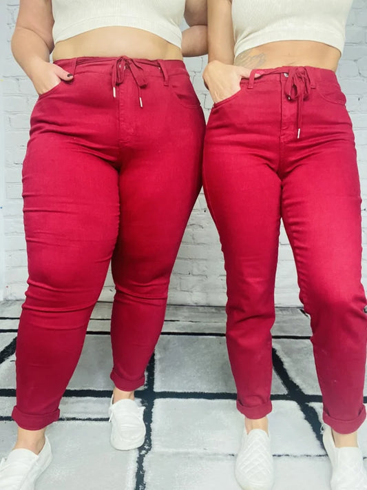 Judy Blue - "Mackenzie" Scarlet High-Waisted Double Cuff Denim Joggers