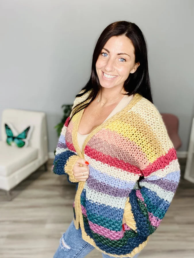 Reg. Ivory/Dark Multi Rainbow Thick Knit Cardigan