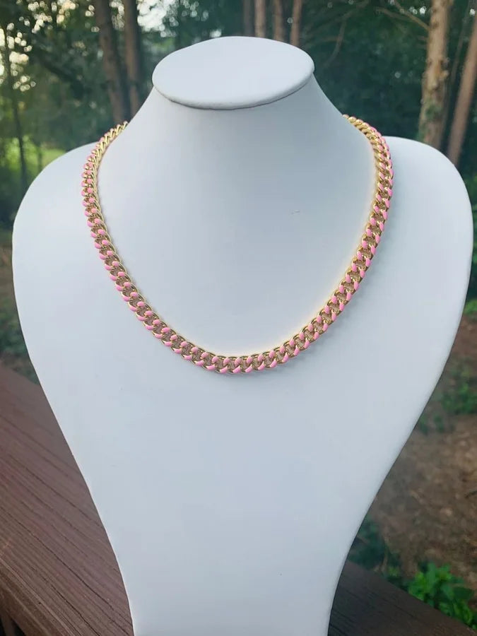 18 Kt. Gold Plated Pink Enamel Chain Necklace - 18" +2