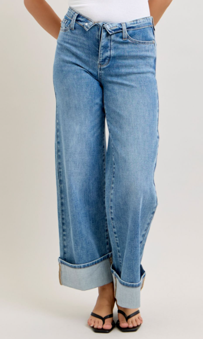 Judy Blue "Christa" Medium Blue Mid-Rise Cuffed Straight Jeans w/ Fold Over Waistband