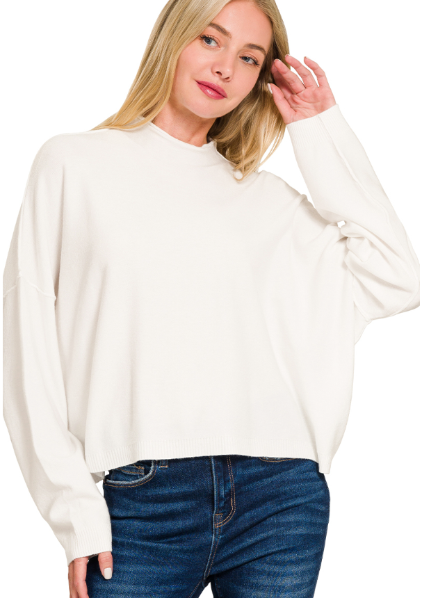 "Time to Shine" High-Neck Drop Shoulder Sweater (Multiple Colors)