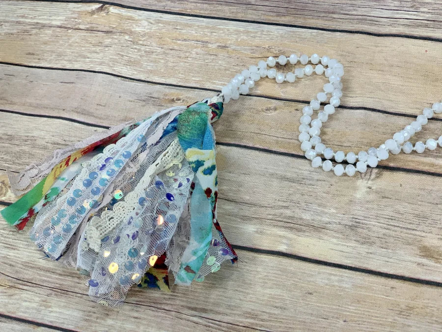 Beaded Necklace w/ Pastel Lace & Multicolor Tassels