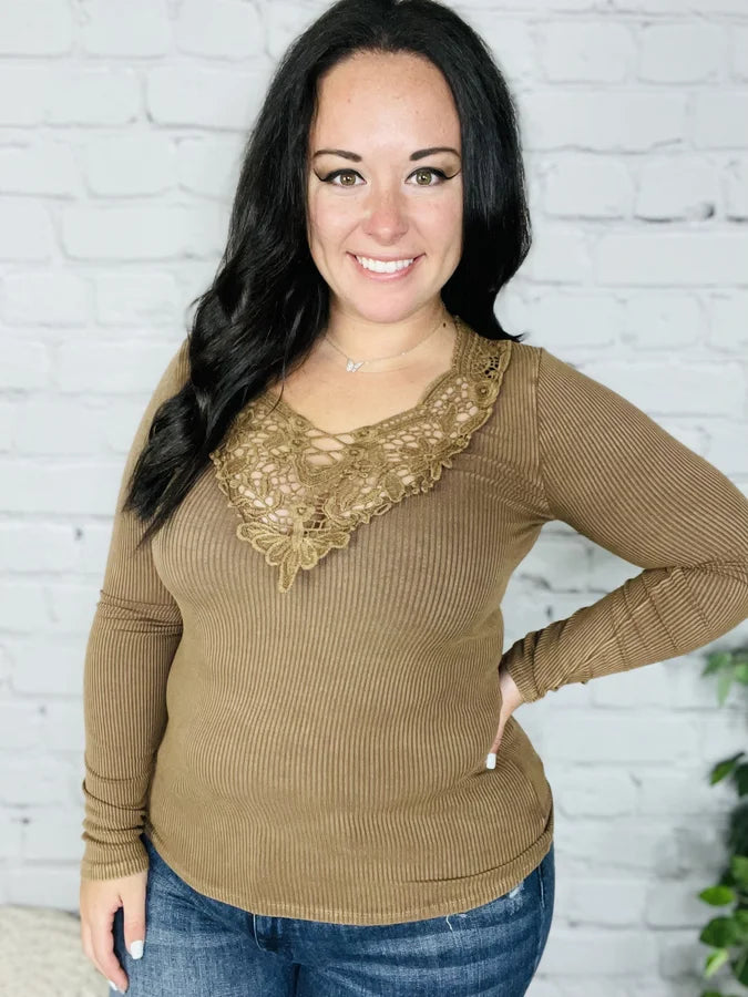 Reg. Chocolate Mineral Wash Ribbed Top