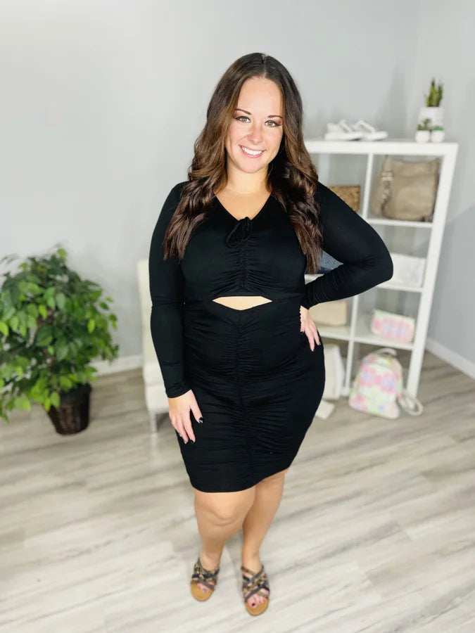 Reg/Plus Black Ruched Peek-a-Boo Dress