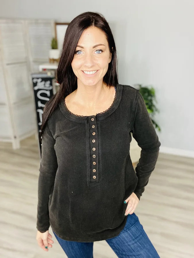 Reg/Plus Black Ribbed Washed Henley Long Sleeve Top