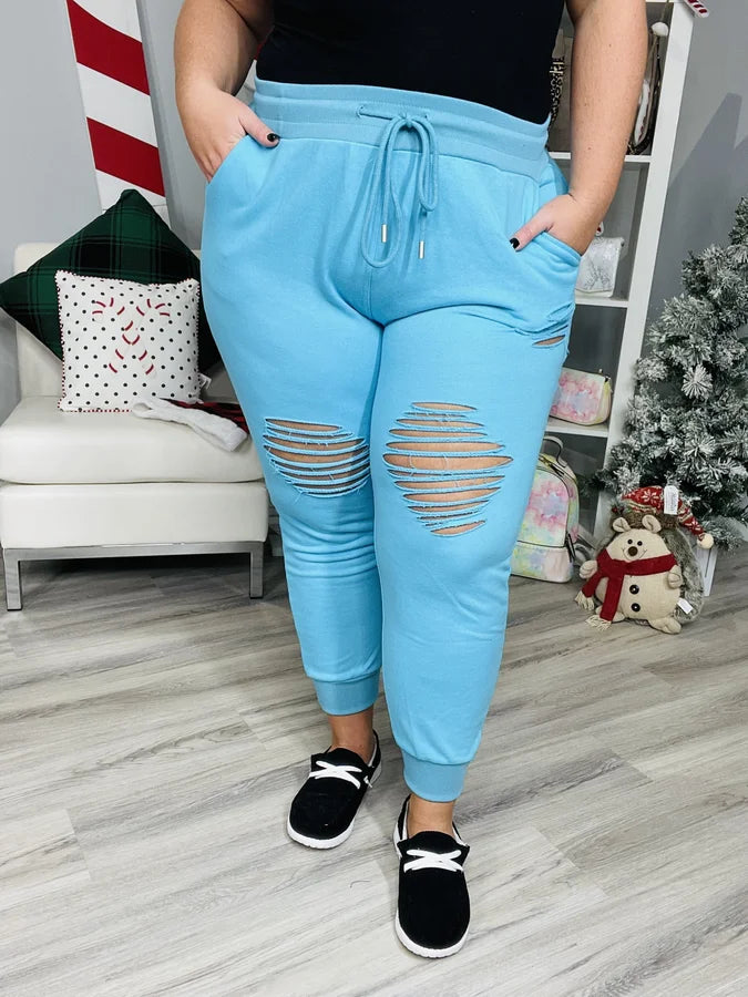 Reg/Plus Aqua Distressed Joggers w/ Drawstring & Pockets