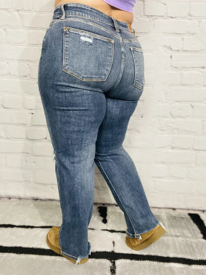 Judy Blue - "Megan" Dark Blue High-Waisted Destroyed 90s Straight Leg Jeans