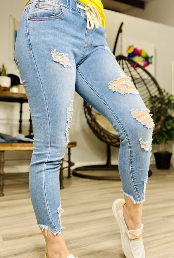 Reg/Plus Medium Wash Knock Out Distressed Denim Joggers