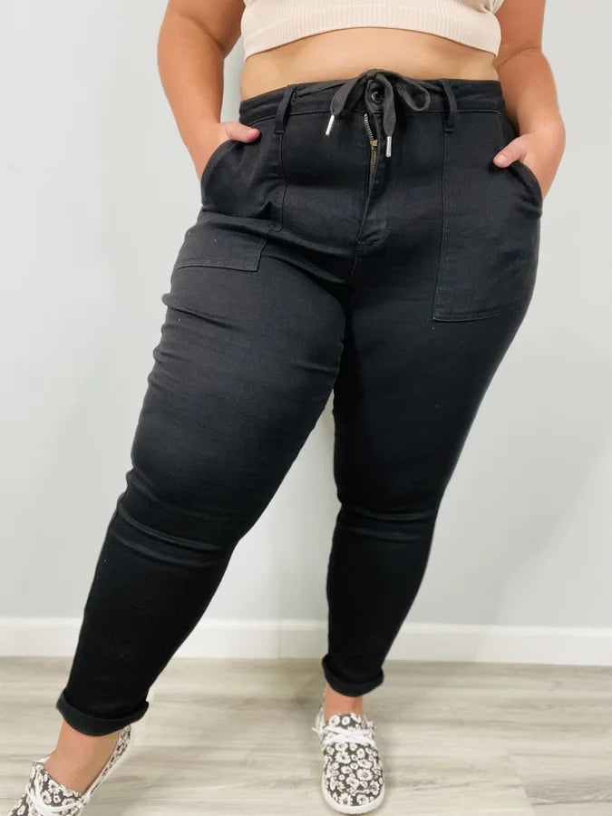 Judy Blue - "Penny" Jet Black High-Waisted Double Cuff Joggers