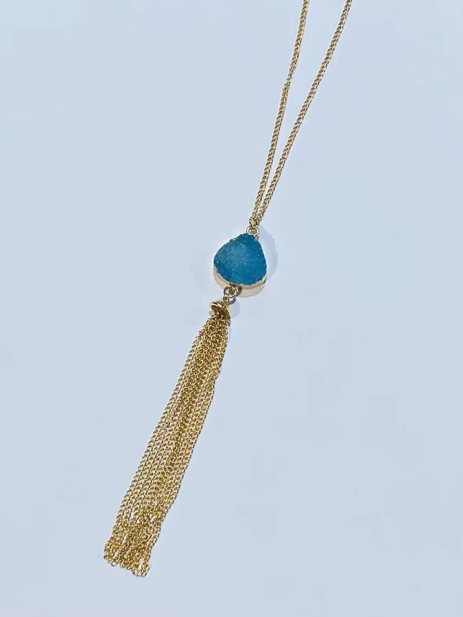 Gold Long Necklace w/ Teal Stone & Tassel