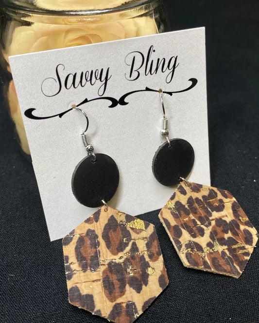 Savvy Bling Leopard Leather Hexagon Earrings w/ Gold Shimmer Detail