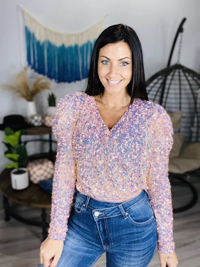 Pink Sequined Bodysuit - Reg/Plus