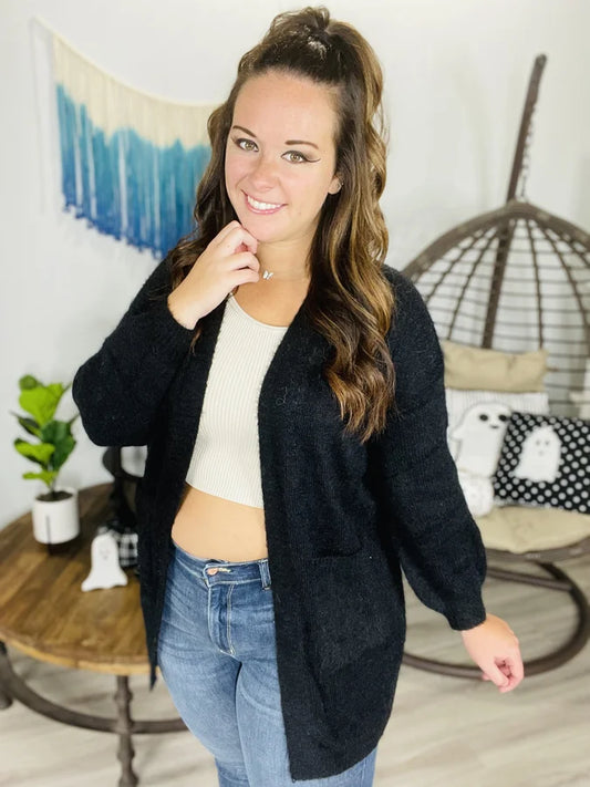 Black Fuzzy Knit Cardigan w/ Pockets - Reg/Plus