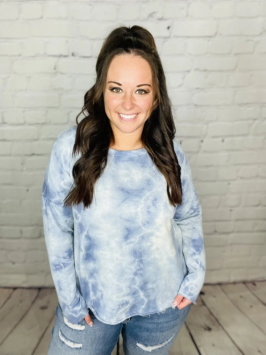 Reg. Baby Blue/Violet Tie Dye Long Sleeve Top w/ Raw Hem