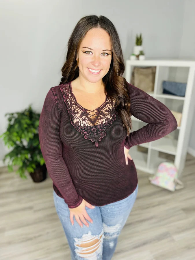 Reg. Maroon Mineral Wash Ribbed Top