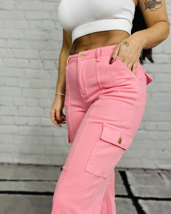 Judy Blue - "Penelope" Pink High-Waisted Cargo Straight Leg Jeans